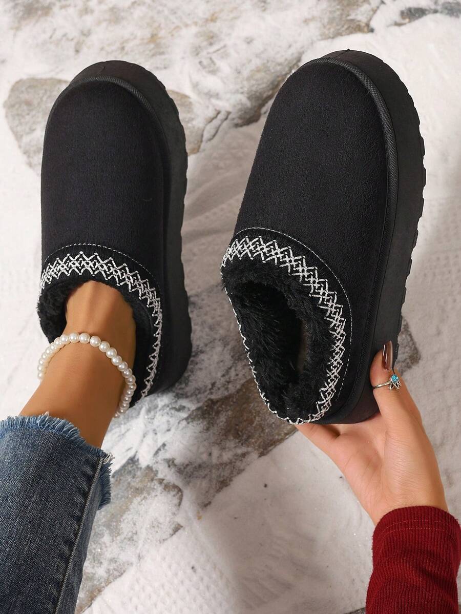 2024新款时尚女士雪地靴冬季保暖厚底休闲家居半防滑鞋毛毛靴短靴 - 黑色 - 查看 1