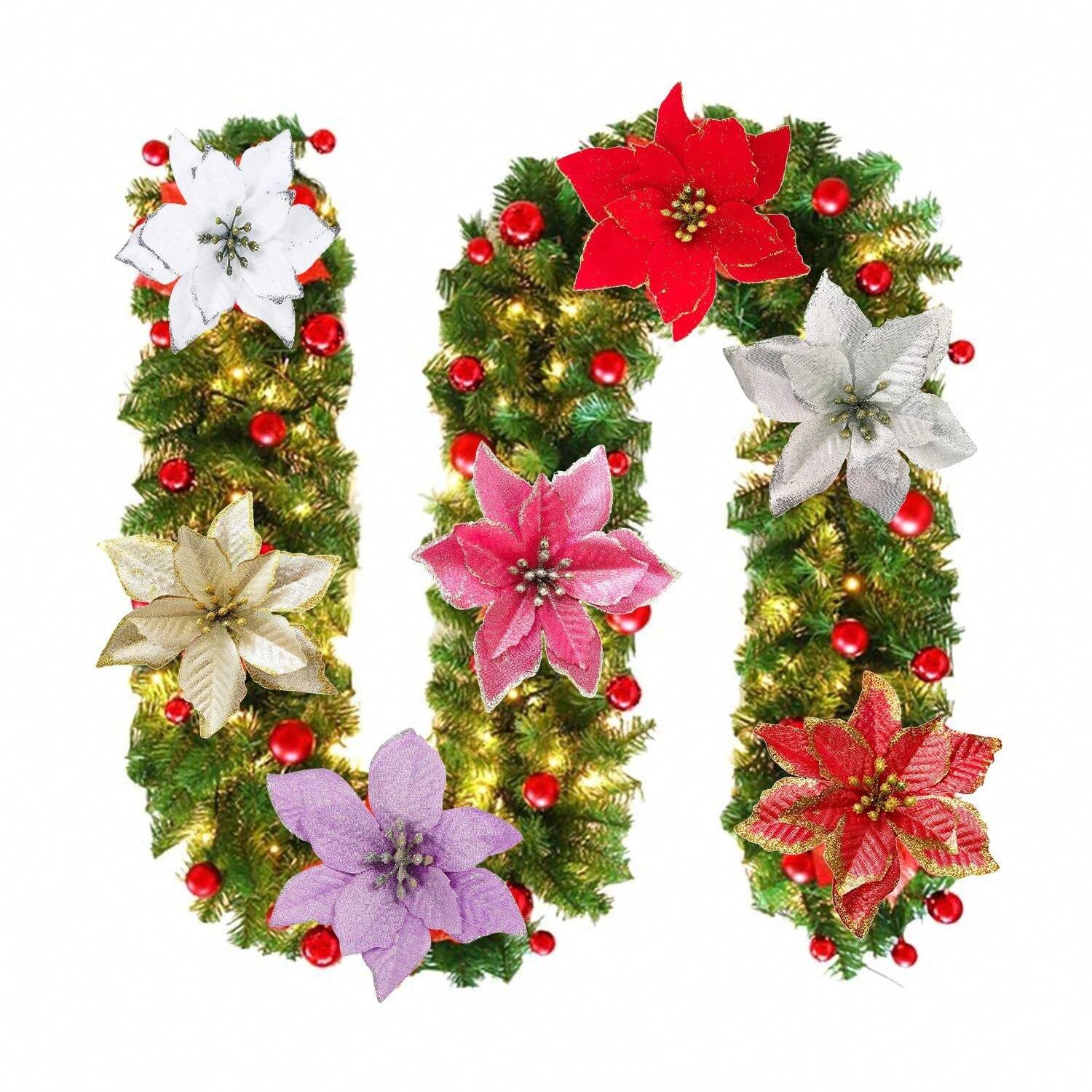 6 Pieces Of Artificial Poinsettia Flowers, Sparkling Christmas Floral