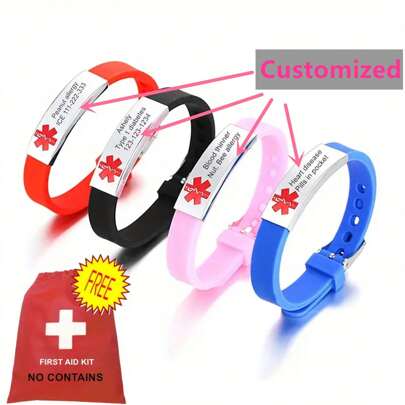 Personalized Medical Alert Bracelet, Adjustable Silicone Medic ID Bangle Disease Allergy Awareness Wristband Customized Identification Jewelry For Emergency Life Saver, With Aid Bag,Silver,Stylish,Colorful,Vintage,Unisex,Hipster,Simple,Casual,Custom,Personalized,Unique,Ideal Gifts For Him,Ideal Gifts For Her,Her,Boyfriend,Girlfriend,Dad,Mom,Family,Friends,For Anniversaries,For Birthdays,For Graduation,For Prom,For Party