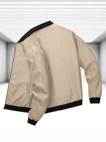 Outdoor Casual Stand Collar Baseball Jacket, Zipper Closure, Solid Color, Father's Day Spring Sports - Khaki - View 3