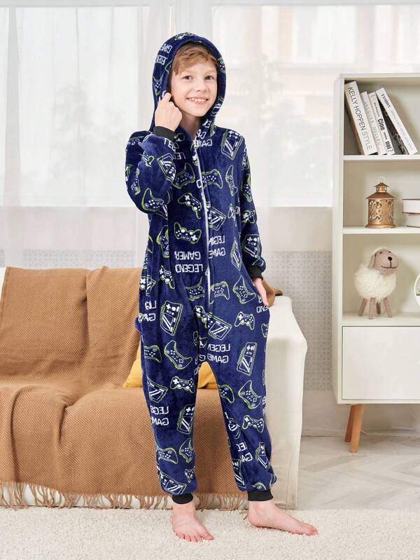 Tween Boys' Video Game Graphic Drop Shoulder Zipper Front Hooded Jumpsuit With Pants, Casual Loungewear Set
