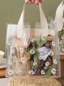 1pc Mini Daisy Printed PVC Clear Tote Bag, Party Gift Bag, Wedding Gift, Mother's Day Gift, Travel, Shopping, White;Birthday Present,Kraft Paper Bags,First Birthday,Christmas,Christmas Gifts,Christmas Gift Bags,Christmas Box Large,Pink Christmas Wrapping Paper,Gift Box Small - 米色 - 查看 1