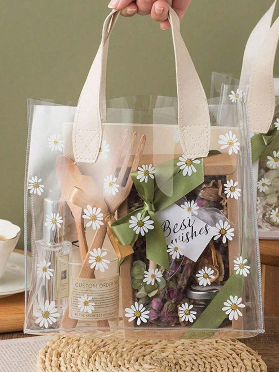 1pc Mini Daisy Printed PVC Clear Tote Bag, Party Gift Bag, Wedding Gift, Mother's Day Gift, Travel, Shopping, White;Birthday Present,Kraft Paper Bags,First Birthday,Christmas,Christmas Gifts,Christmas Gift Bags,Christmas Box Large,Pink Christmas Wrapping Paper,Gift Box Small - 米色 - 查看 1
