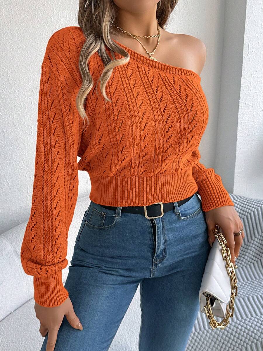 Sexy Asymmetrical Neck Hollow-Out Long Sleeve Knitted Sweater, Autumn/Winter,Long Sleeve Tops - Orange - View 1