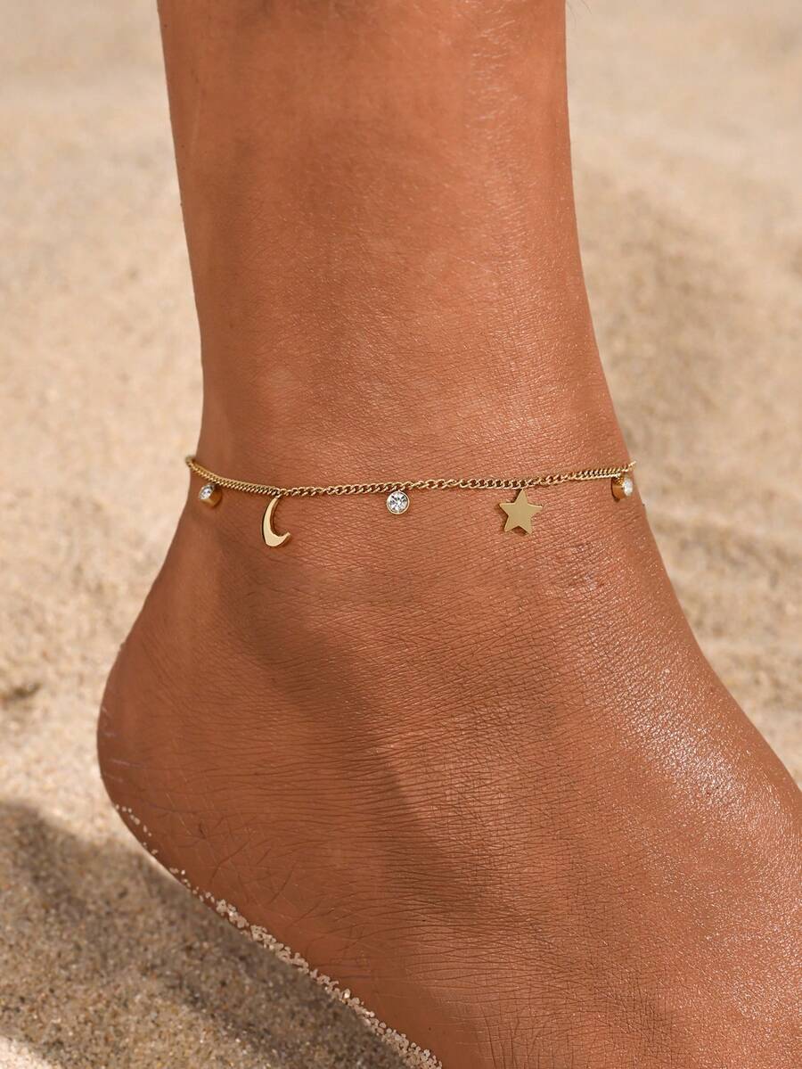 1pc Creative Star And Moon Pendant Ankle Chain Cubic Zirconia Decor Women's Fashion Personalized Foot Jewelry - Vàng - Xem 1