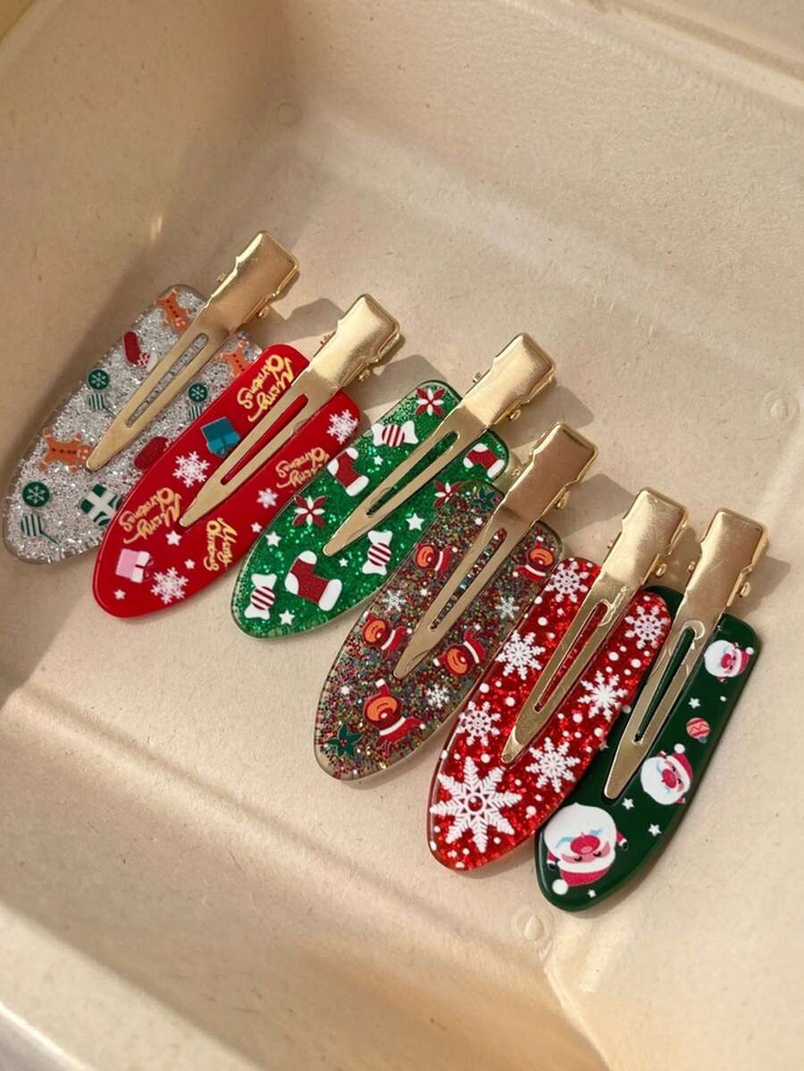 6pcs/Set Girls' Christmas Candy Color Hair Accessories, Minimalist Holiday Reindeer Christmas Hair Clips - Multicolor - View 1