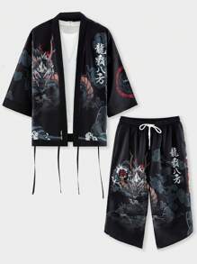 Męski jesienny zestaw kimono z grafiką Dragon do noszenia w domu