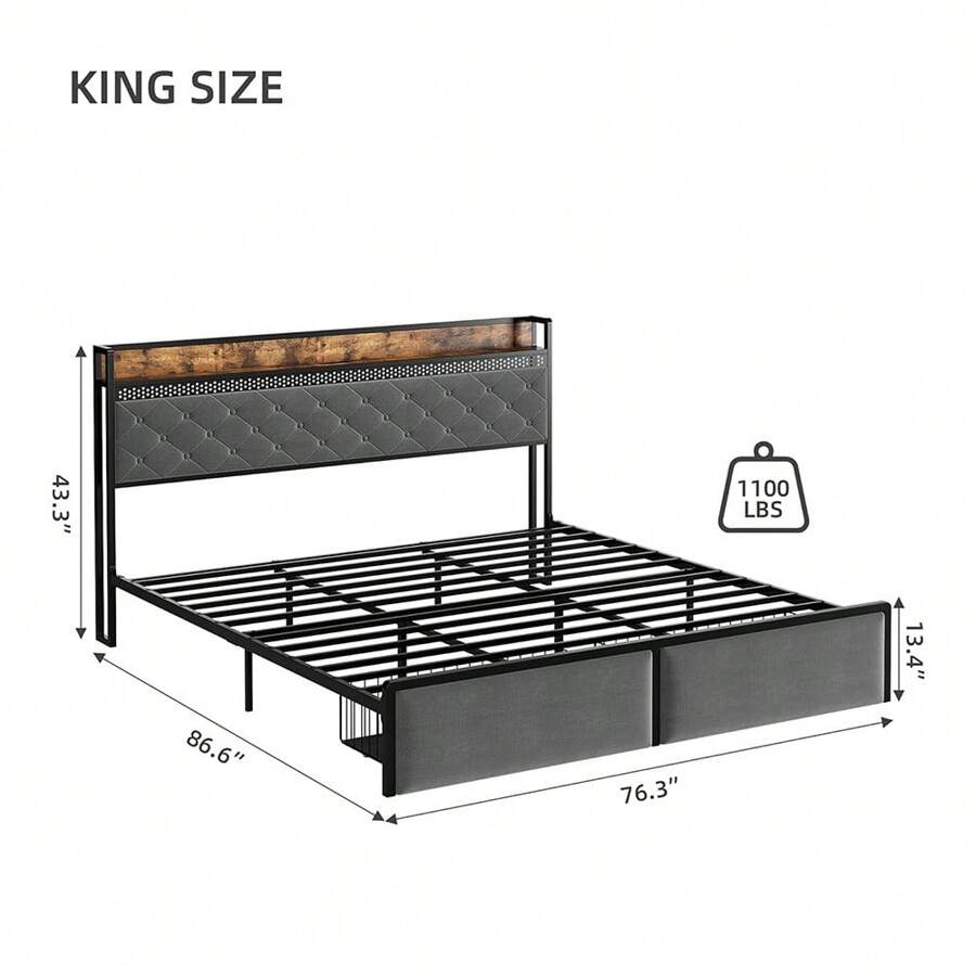 Metal Platform Bed Frame, Headboard And 2 Drawers, With Led Lights, USB