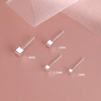 1pair 999 Silver Simple Small Square Earrings, Suitable For Men And Women Daily Wear