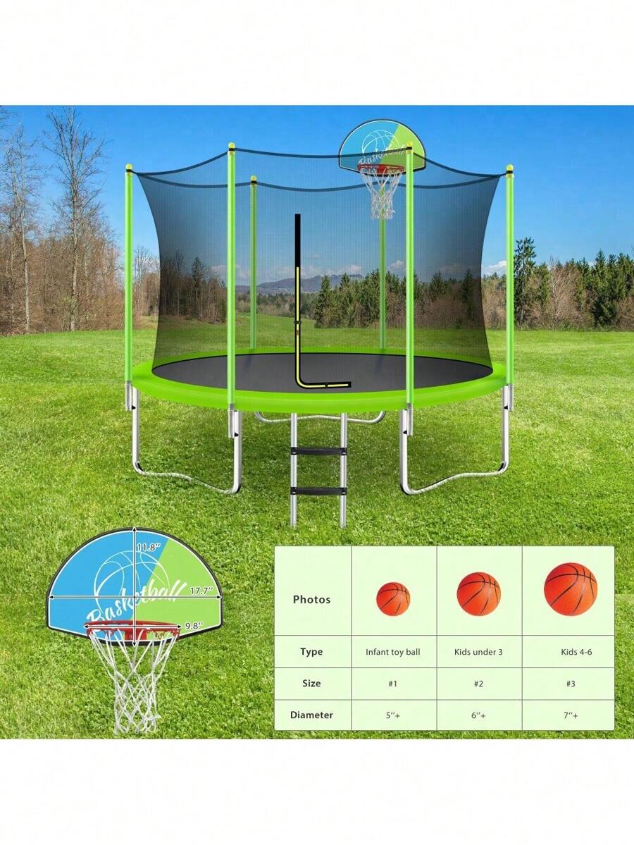 10FT Trampoline For Kids With Safety Enclosure Net, Basketball Hoop And
