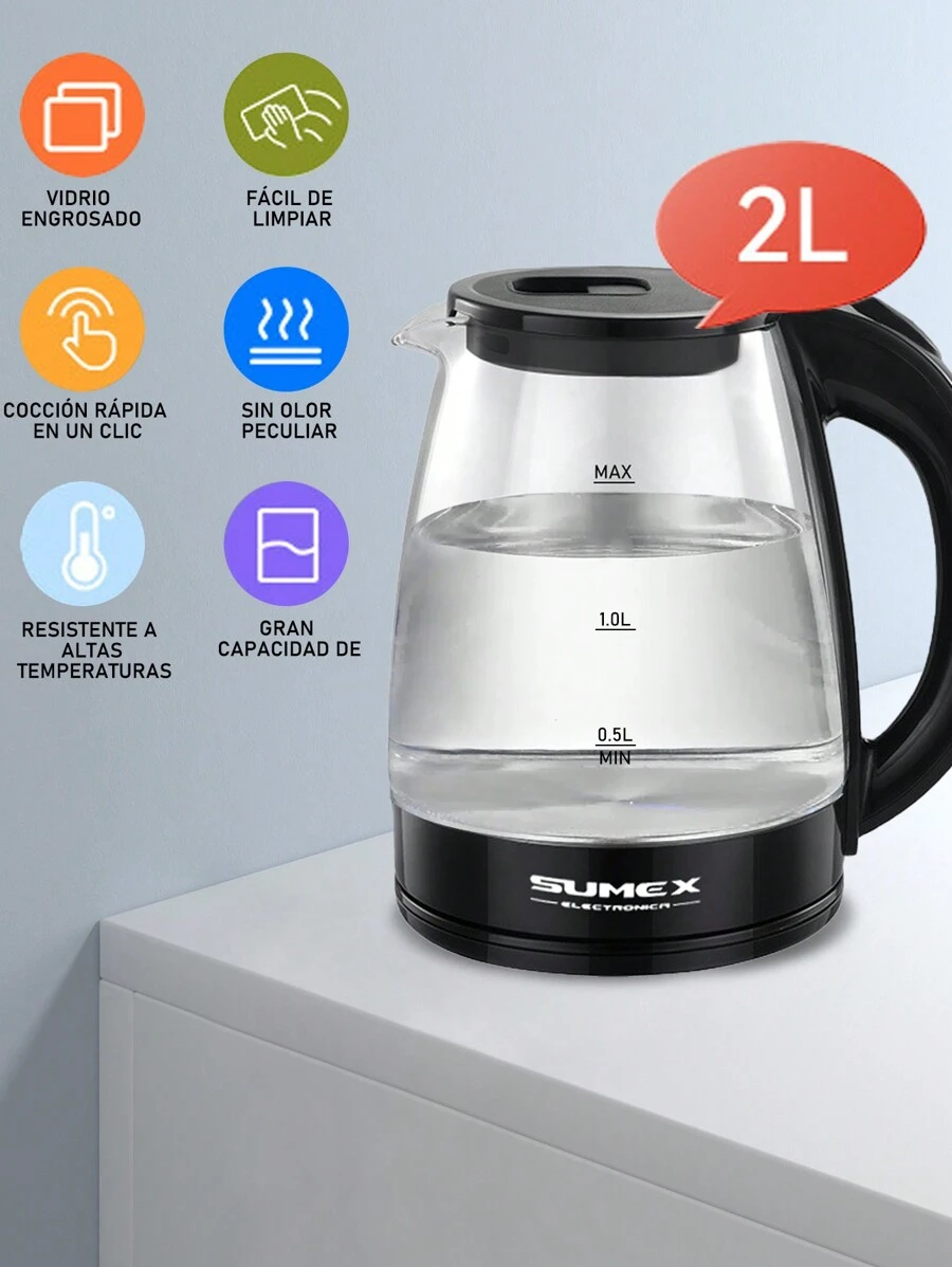 Tetera Eléctrica De Cristal Con Luz Led Capacidad De 2 Litros Hervidor De Agua 1000W