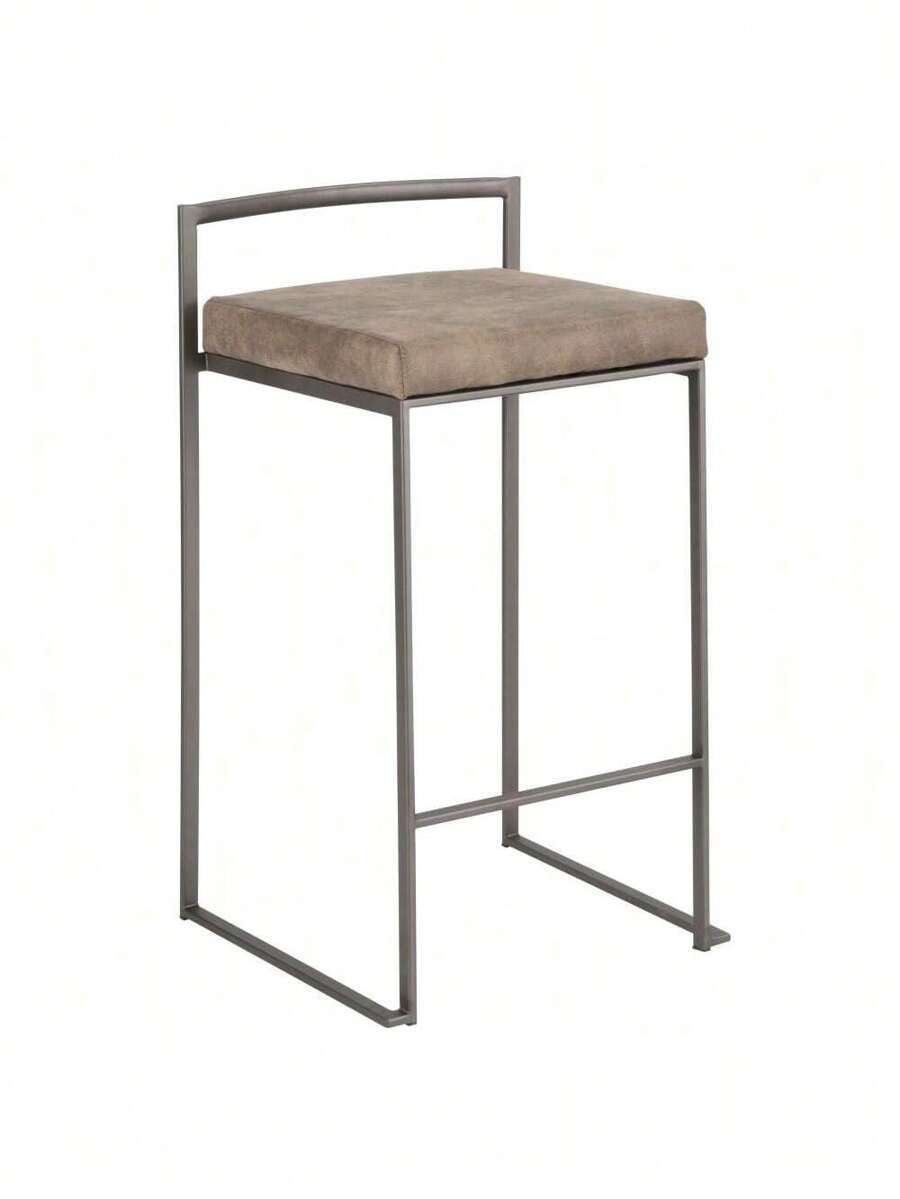 Industrial Stackable Counter Stool In Antique With Brown Cowboy Fabric