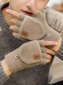 Men's Winter Thick Knitted Wool Half Finger Flip Cover Gloves For Warmth While Riding Or Typing - Coffee Brown - View 3