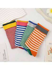4pcs/Set Contrast Striped Comfy Breathable Soft Stylish All-Match Mid-Calf Socks For Women, Suitable For All Seasons Everyday Wear - Multicolor - View 3
