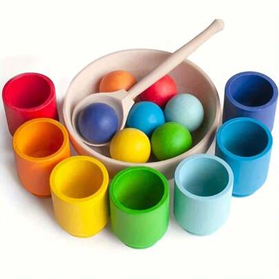 Rainbow Balls In Cups Toys For Kids, Preschool Wooden Matching Games For Learning Color Sorting And Counting, Fine Motor Early Education Learning Toy, Random Color