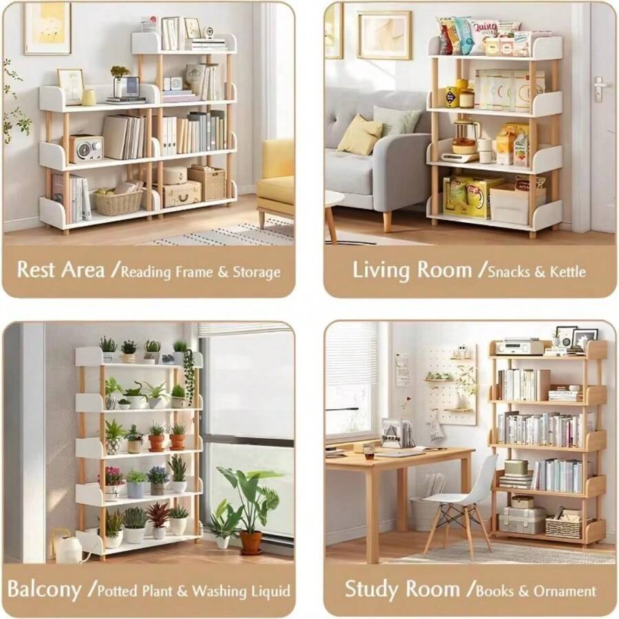 5Tier Wooden Open Bookcase Modern Freestanding Bookshelf With Side