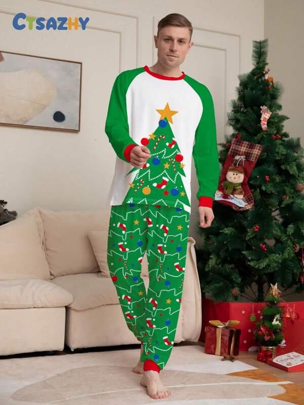 2-delige kerstpyjamaset voor heren, kerstboomprint, top met lange mouwen en ronde hals en lange broek, comfortabele pasvorm, geschikt voor herfst/winter