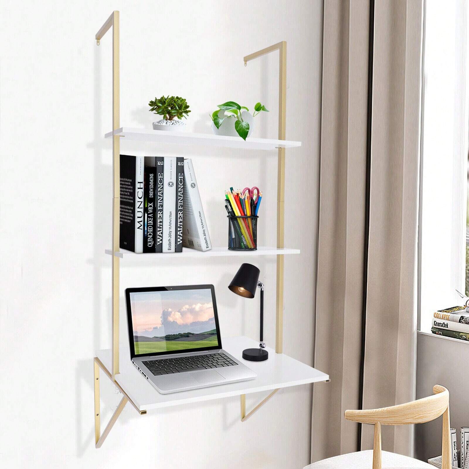 Ladder Desk Wall Mounted Shelf Floating Shelves 3 Tier Standing Desks