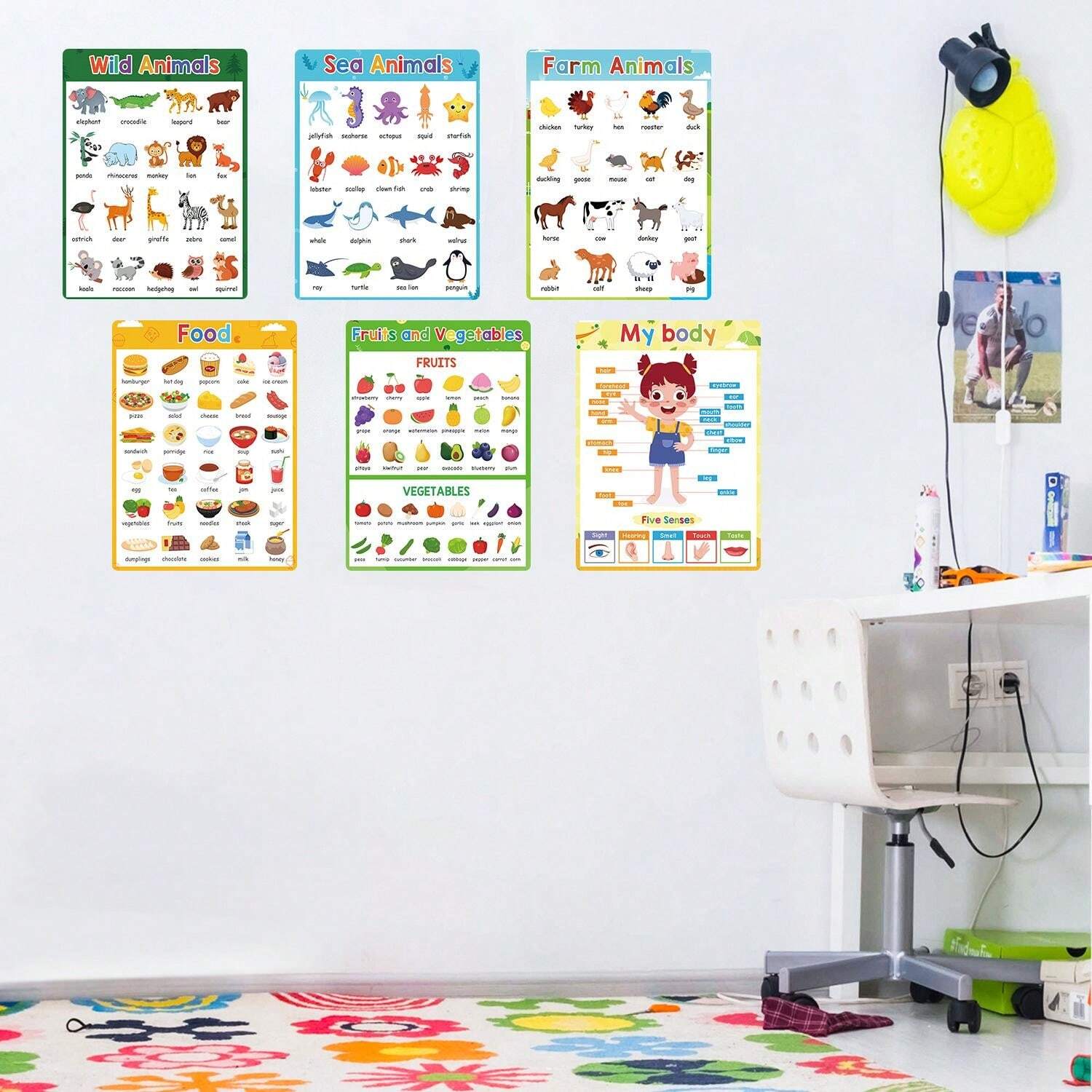 A4 Kids Learning Posters English Words Chart Flash Cards For Toddler