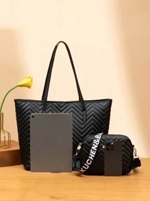 Túi Tote Thời Trang Cho Nữ, Combo Túi Đeo Vai Thêu Dung Tích Lớn, Bao Gồm Túi Đeo Chéo Vai Thêu Và Túi Đựng Máy Ảnh - màu đen - Xem 3