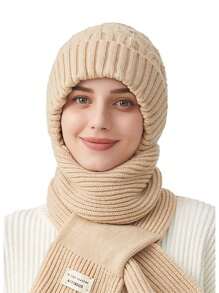 2 件套女士简约纯色竖条纹针织帽、围巾套装带手套，温暖舒适，适合秋冬季休闲户外使用