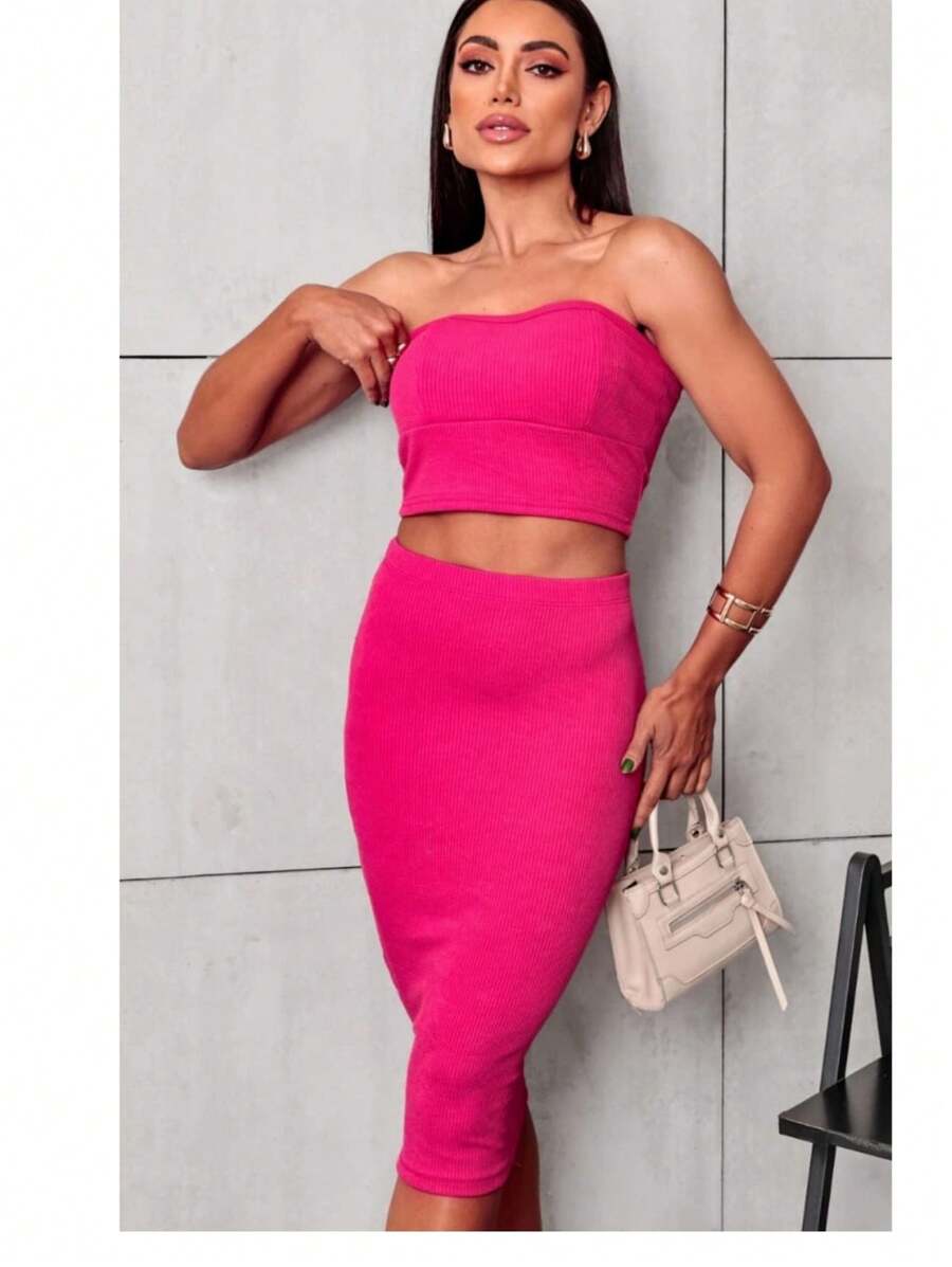 Midi Skirt And Strapless Ribbed Crop Top Set - 玫紅色 - 查看 1