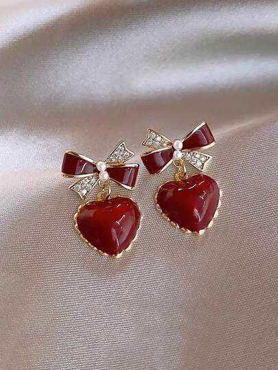 1pair Retro Elegant High-Quality Wine Red Bow & Heart Rhinestone Decor Women Earrings, Daily/Holiday Wear, Christmas/Anniversary Gift Valentines,Mom,Mother,Mother's Day,Gift
