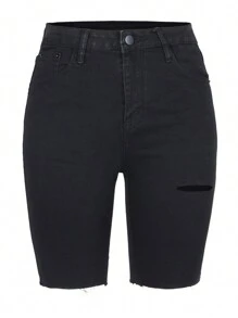 Women's High Waist Ripped Hole Denim Shorts Stretchy Bermuda Distressed Raw Hem Jean Shorts - 黑色 - 查看 1