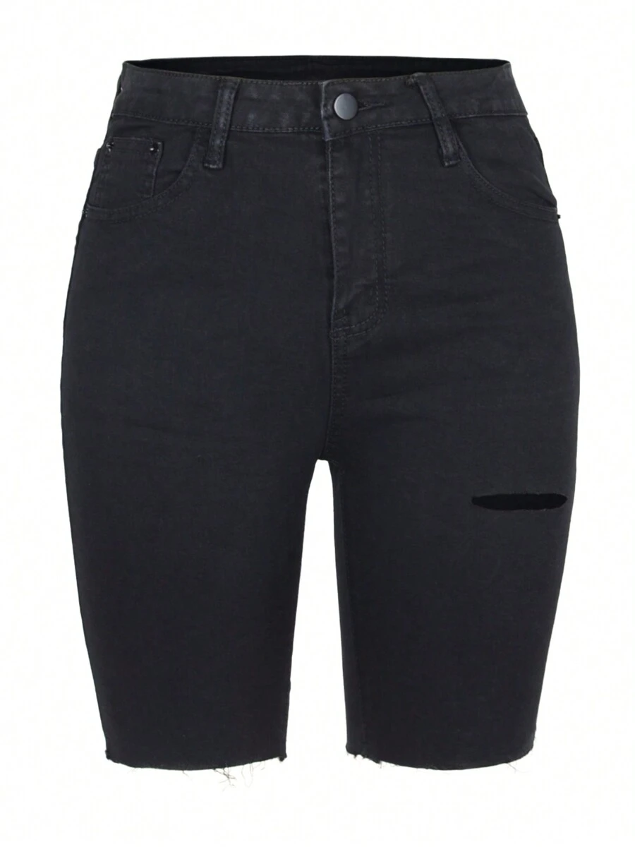 Women's High Waist Ripped Hole Denim Shorts Stretchy Bermuda Distressed Raw Hem Jean Shorts - 黑色 - 查看 1