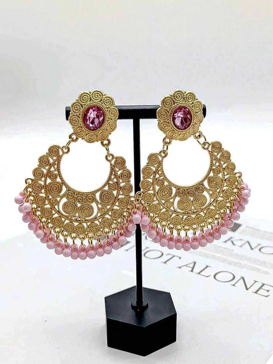 1 Cặp bông tai trang sức chuông chạm khắc rỗng bằng đá Rhinestone - Hồng - Xem 1