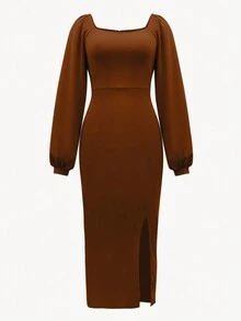 时尚优雅灯笼袖高开叉连衣裙，女士长裙 - 棕色 - 查看 3