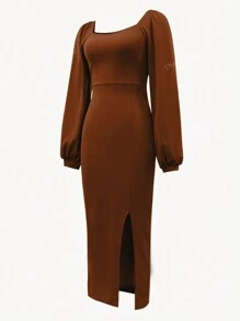 Fashion Elegant Lantern Sleeve High Slit Dress, Women Long Dress