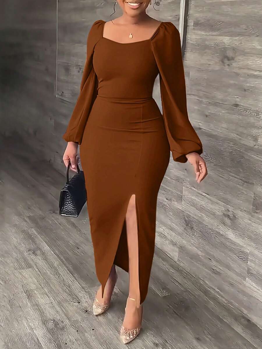 时尚优雅灯笼袖高开叉连衣裙，女士长裙 - 棕色 - 查看 1