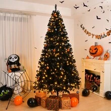 7 FT Pre-Lit Artificial Christmas Tree, Hinged Xmas Pine Tree With 1250 Branch Tips, 400 Lights And Remote Control For Holiday Party Office Home, Black - 黑色 - 查看 1