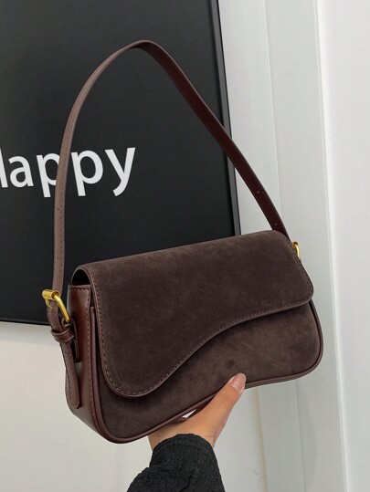 1pc Women Solid Color Matte PU Leather Dual Adjustable Strap Satchel Shoulder Bag