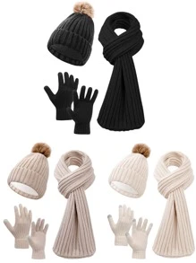 3 件套女士帽子套装，女士时尚条纹针织围巾帽子套装，柔软厚实保暖围巾、帽子和手套组合套装，适合休闲秋冬户外使用 - 彩色 - 查看 9
