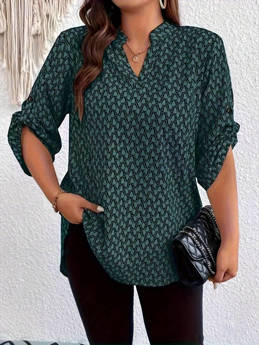 Fox Claw Plus Size Allover Print Roll Tab Sleeve Blouse Fashion Notch V-Neck Shirt Women - Màu xanh lá cây đậm - Xem 1
