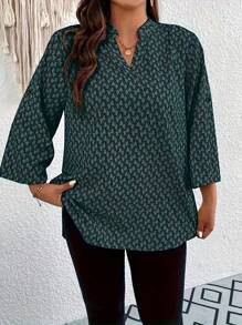 Fox Claw Plus Size Allover Print Roll Tab Sleeve Blouse Fashion Notch V-Neck Shirt Women - Màu xanh lá cây đậm - Xem 2