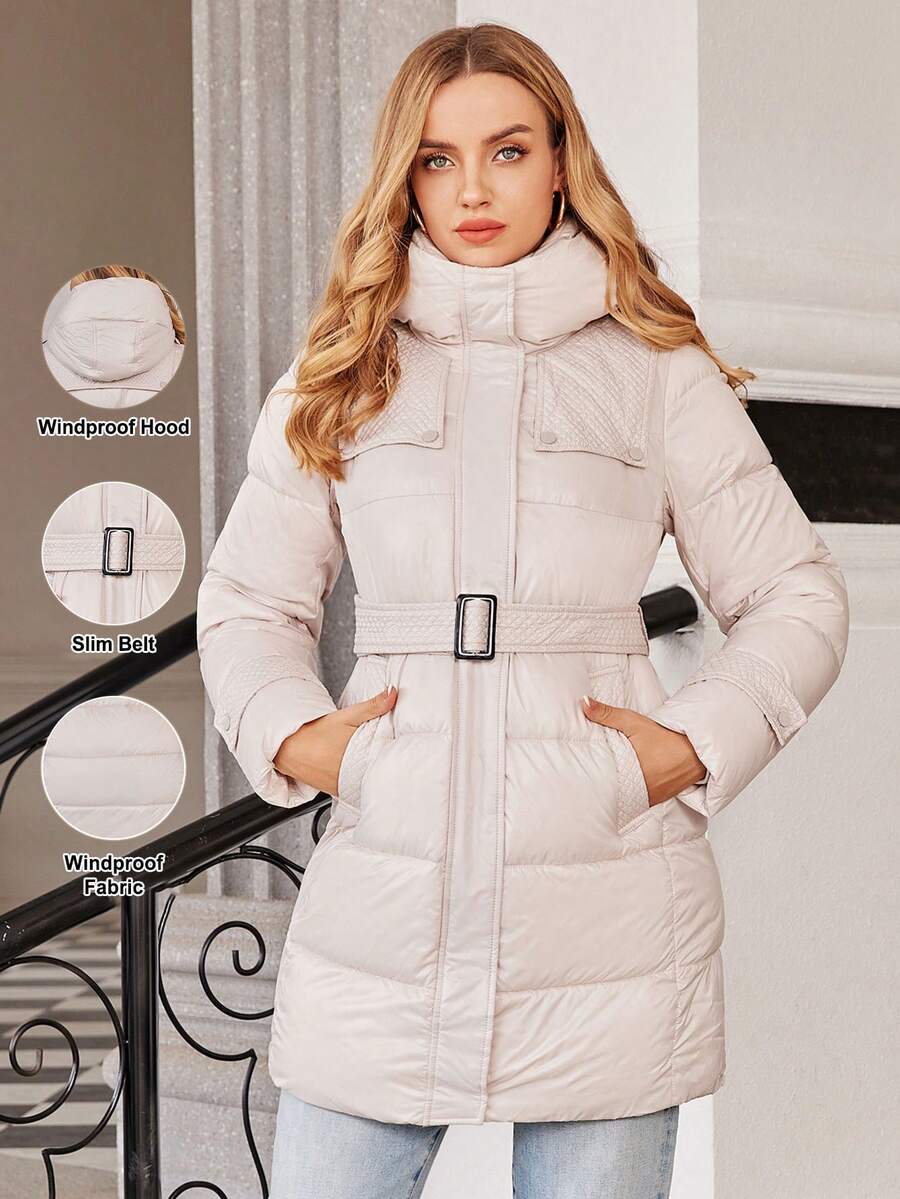 拉链扣带腰带连帽夹棉大衣 - 米色 - 查看 1