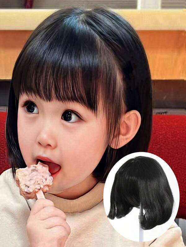 Children's Bob Wig, Girls' Stylish And Cute Air Bangs, Natural Short Style, Short Straight Hair, Full Top Headband
