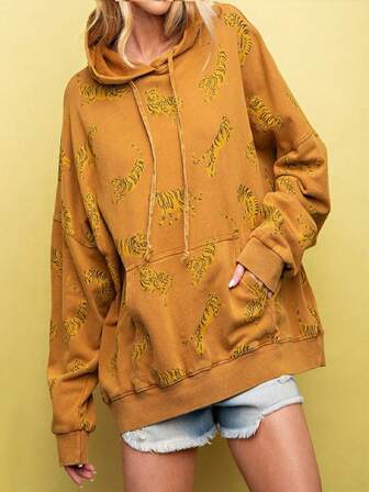 Women's Loose Hoodies Tiger Print Drawstring Hooded Long Sleeve Sweatshirts Pullovers Fall Winter Casual Tops