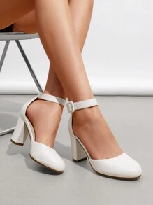 Women Ankle Strap Chunky Heel Pumps Round Toe High Heel Comfortable Elegant Wedding Party Prom Work Dress Pumps Shoes - 白色 - 查看 3