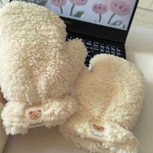 1pair Ladies' Winter Warm Bear Gloves, Cute Plush Bear Hanging Neck Gloves, Outdoor Cycling Thick Plush Anti Cold Gloves