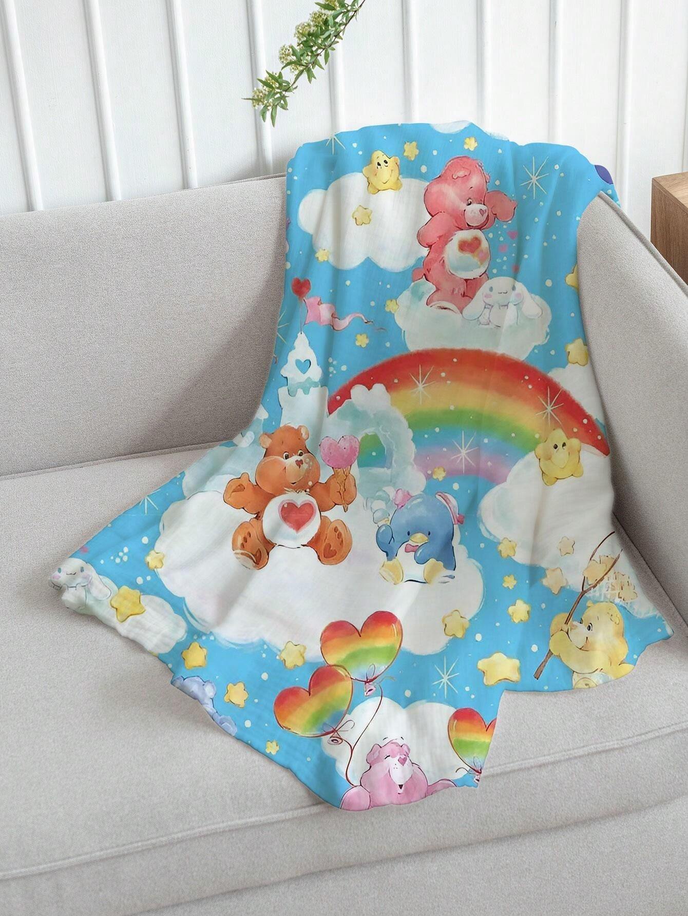 1pc DoubleSided Cartoon Bear & Duck Rainbow Heart Plush Fleece Blanket