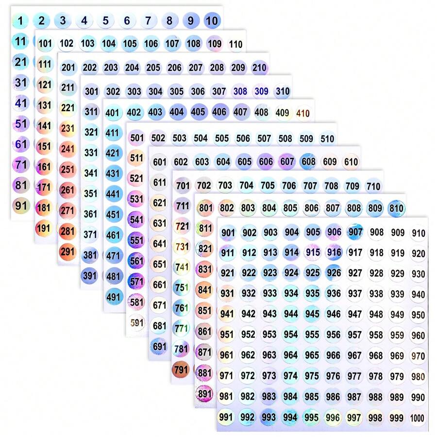 10 Blatt Zahlenaufkleber (Zahlen 1-1000), selbstklebende Laser-Aufkleber, wasserdicht, rund, zum Organisieren von Nagellackflaschen, Nagelmuster-Sticks, Lippenstift-Aufbewahrung