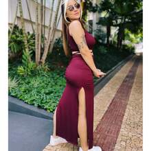 Skirt And Crop Top Set - 紅木色 - 查看 3