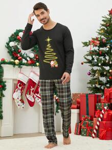 2 Pezzi Set Pigiama Natalizio da Uomo, Maglietta a Maniche Lunghe con Stampa Albero di Natale Magico e Quadri, Pantaloni Lunghi, Tuta Comoda da Casa per le Feste, Abbigliamento Autunno Inverno per Coppie - nero - Visualizzare 6