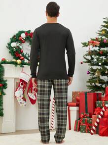 2 Pezzi Set Pigiama Natalizio da Uomo, Maglietta a Maniche Lunghe con Stampa Albero di Natale Magico e Quadri, Pantaloni Lunghi, Tuta Comoda da Casa per le Feste, Abbigliamento Autunno Inverno per Coppie - nero - Visualizzare 2
