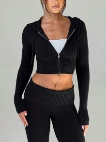 1 件女式纯色前拉链长袖简约休闲时尚性感毛衣，长袖上衣