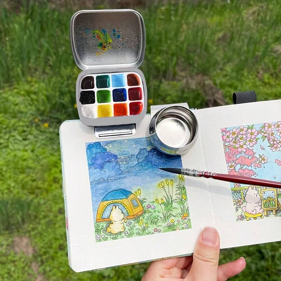 Portable Watercolor Palette With Clip And Oil Pot, 12Well